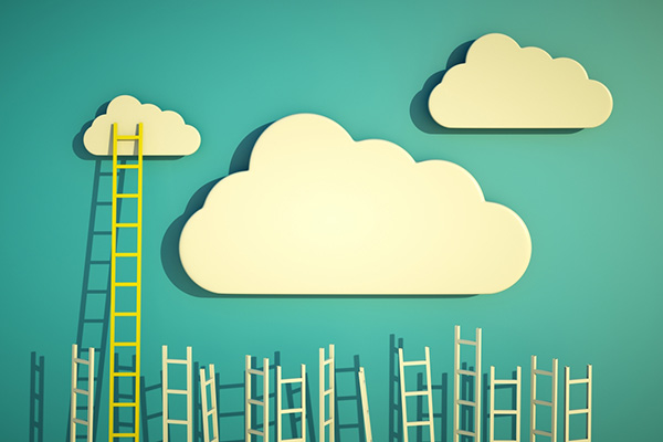 An image of several ladders climbing towards the clouds.